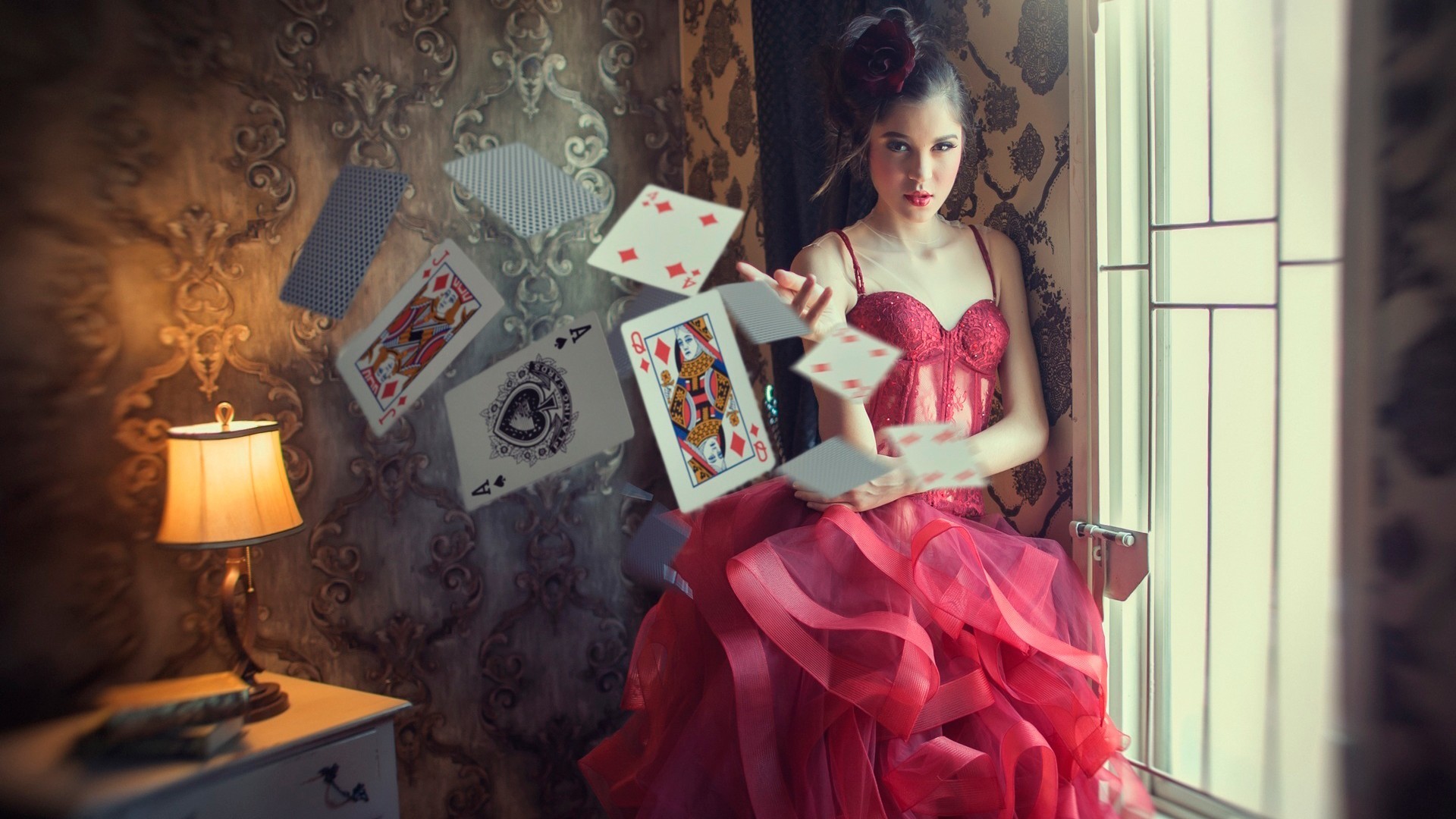 Photography Red Dress Room Playing Cards Ace Of Spades Women Model Women Indoors Dress Lamp Dark Hai 1920x1080