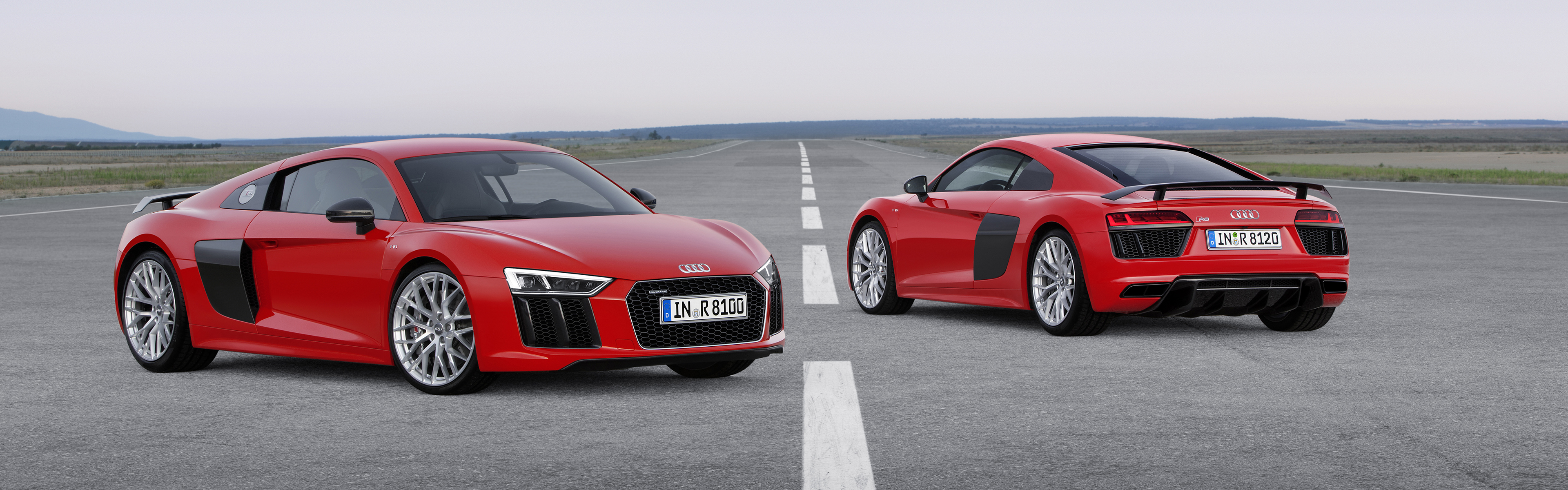 Audi R8 Car Vehicle Super Car Dual Monitors Multiple Display Red Cars Front Angle View Audi R8 Type  3840x1200