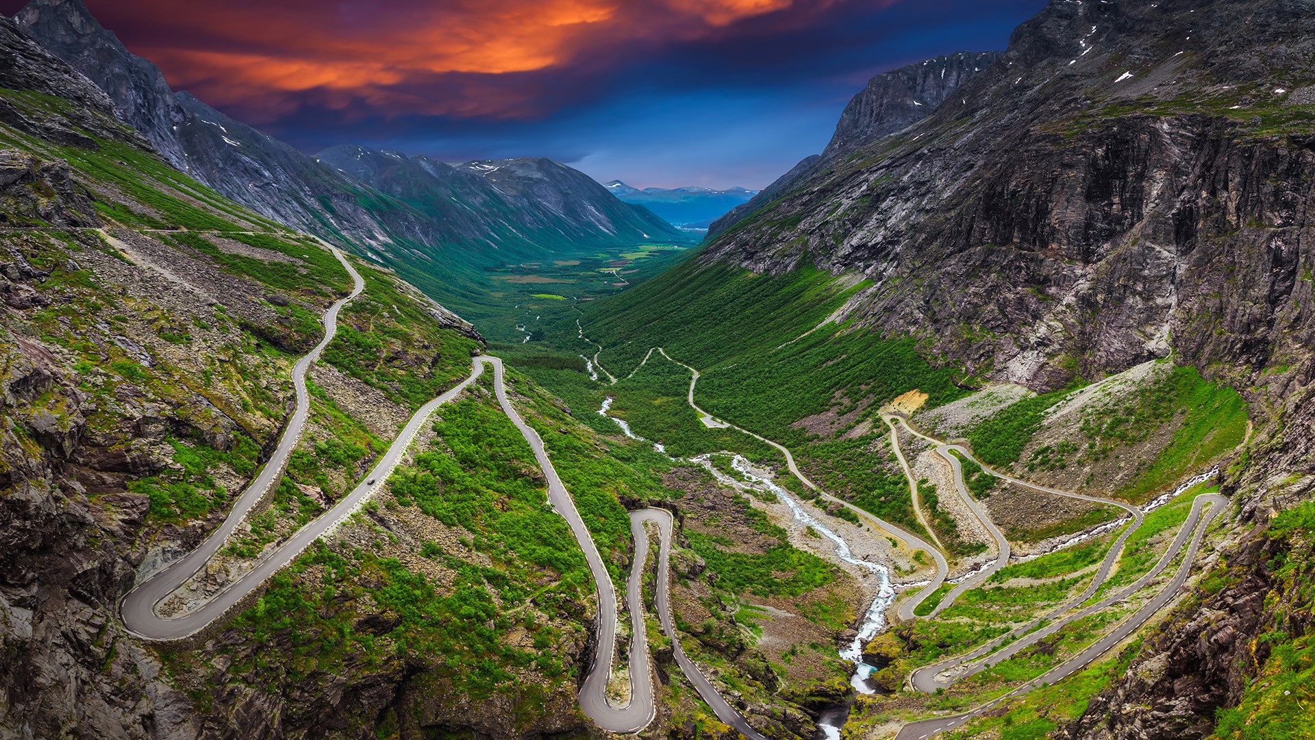 Nature Landscape Far View Road Hairpin Turns Trees Valley Clouds Sky Rocks Mountains Orange Norway T 1920x1080