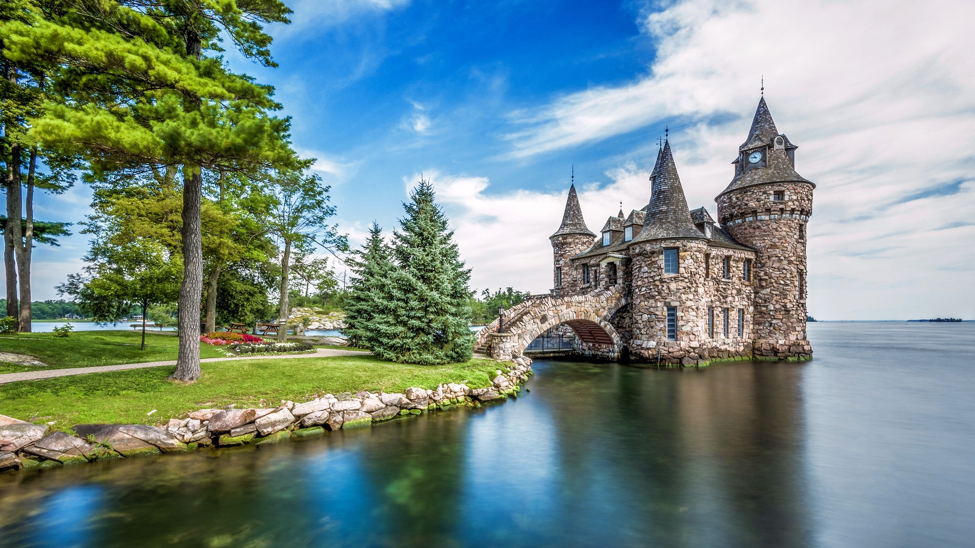 Architecture Castle Ancient Nature Trees Landscape Clouds New York State USA Water Lake Island Stone 1920x1080