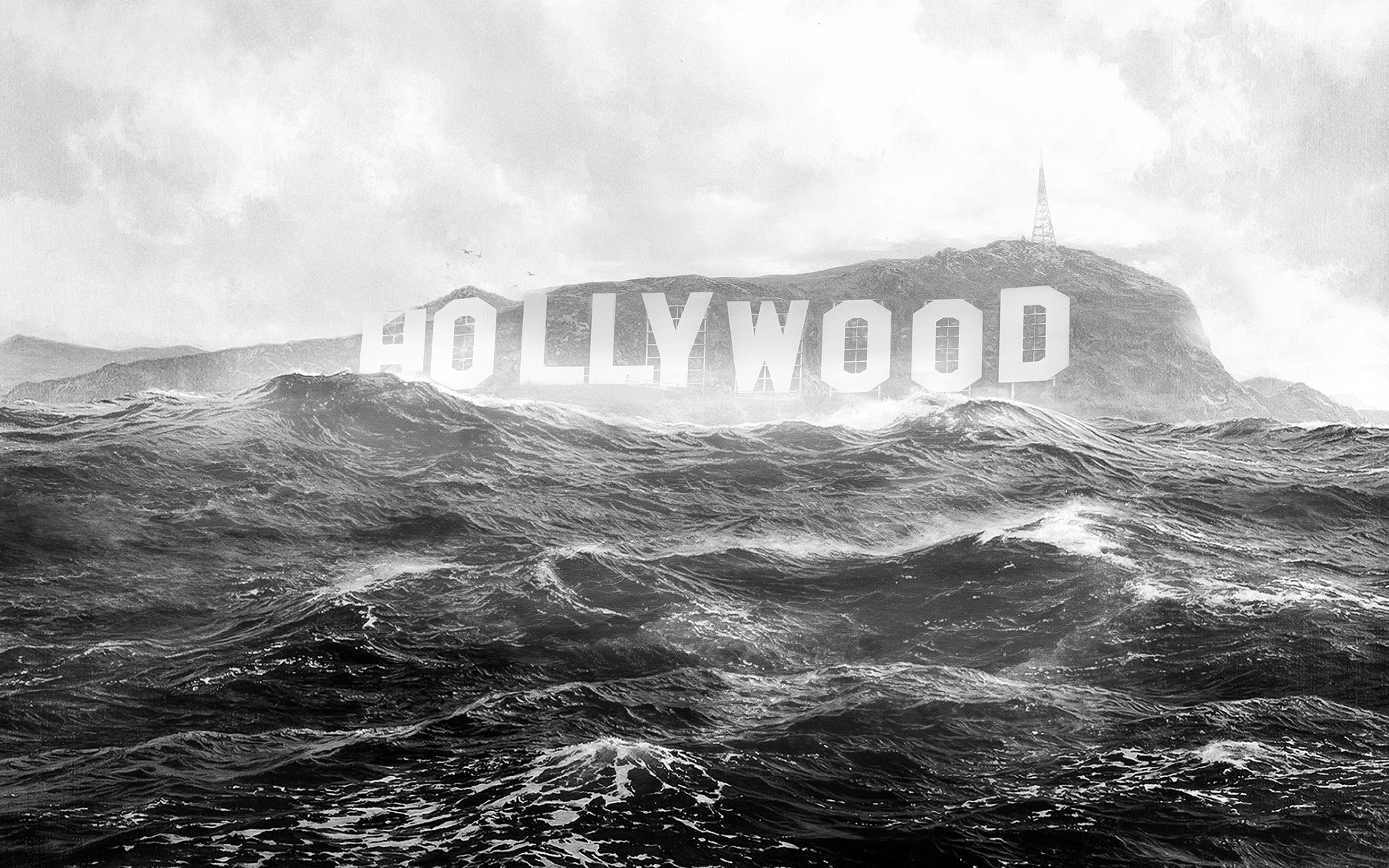 Science Fiction Flood Hollywood Sign Waves Apocalyptic Mist Sea Gray 1920x1200