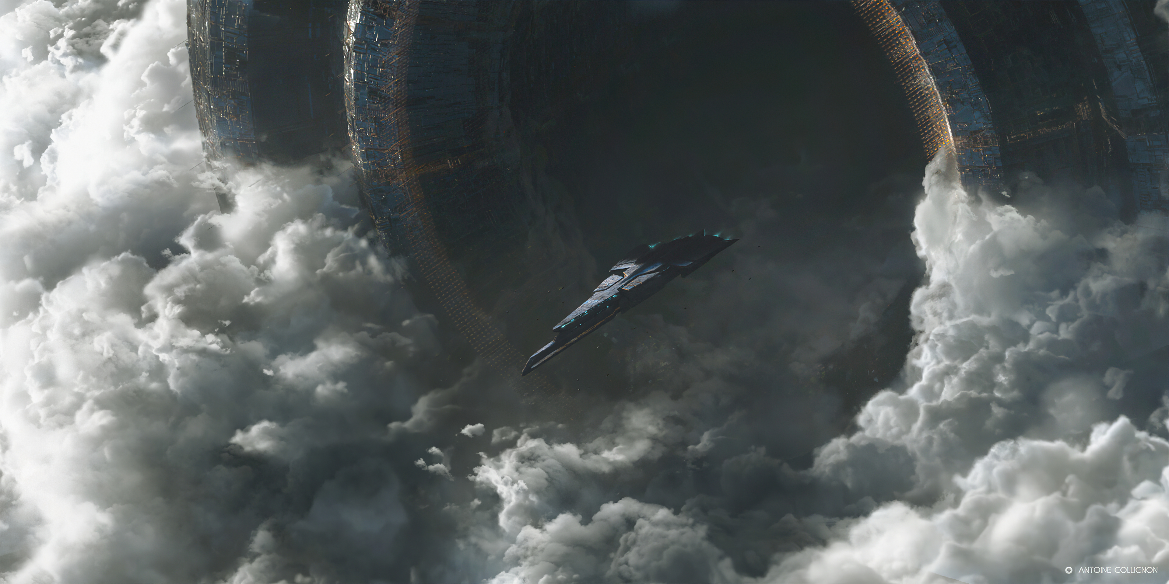 Antoine Collignon Spaceship Clouds Debris Gates 3840x1920