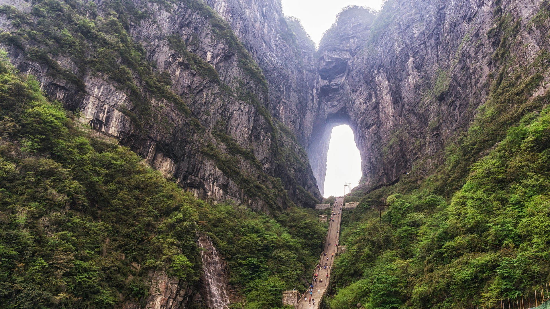 Nature Landscape Far View Mountains Trees Rocks Hole Stairs People Tianmen Mountain Hunan China 1920x1080