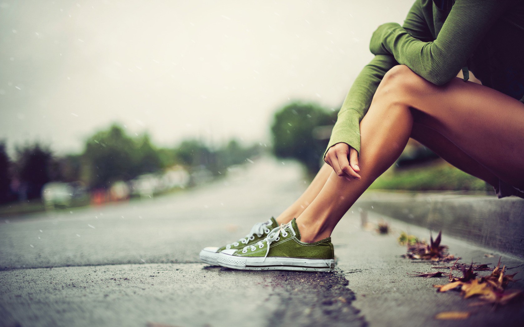 Women Sneakers Green Sweater Legs Tanned 1680x1050