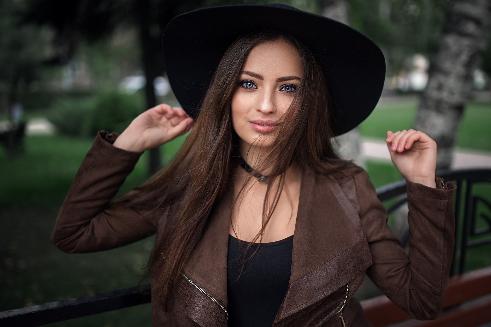 Veronika Avdeeva Women Model Brunette Long Hair Looking At Viewer Hair In Face Women With Hats Hat S 2048x1365