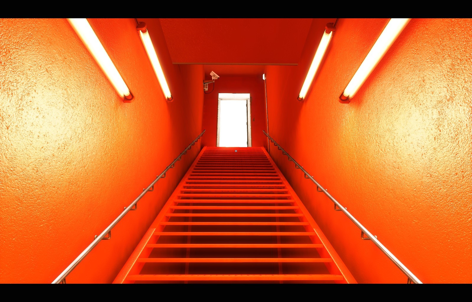Screen Shot Video Games Mirrors Edge Stairs Door Camera Climbing Fluorescent Orange Red 1600x1024