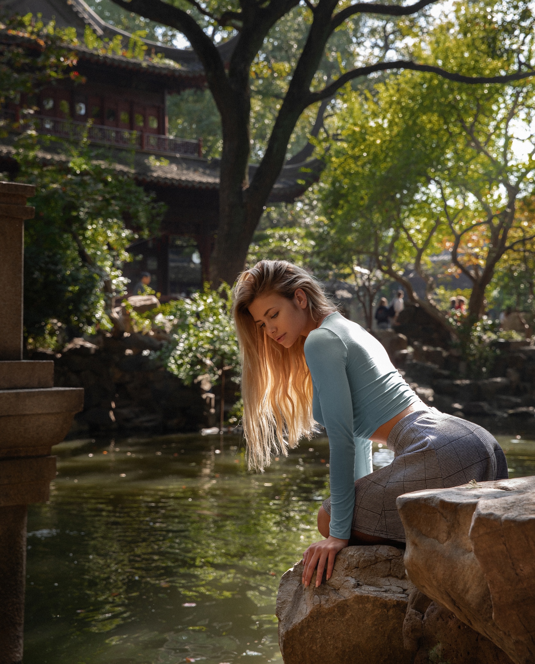 Women Model Blonde Long Hair Fountain Water Trees Asian Architecture Crop Top Skirt Painted Nails Ou 1740x2160