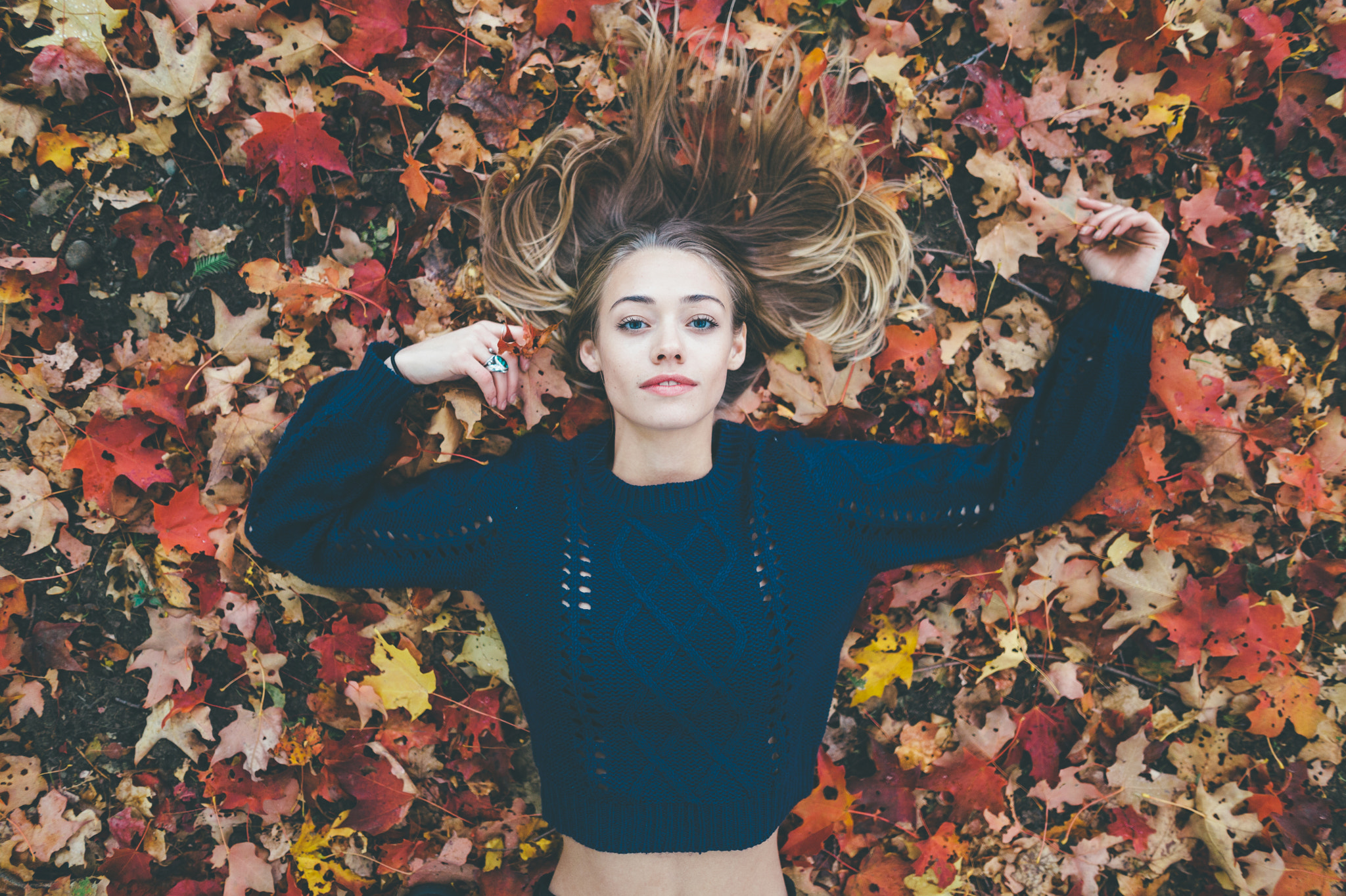 Women Zach Allia Blonde Blue Eyes Arms Up Looking At Viewer Leaves Blue Sweater 2048x1365