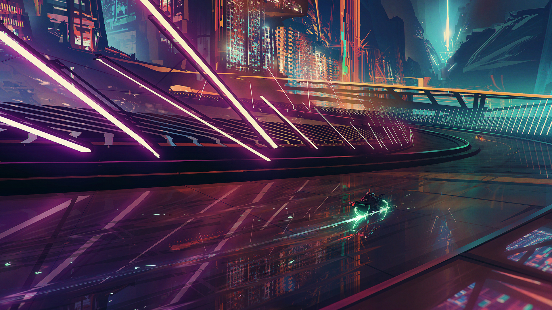 Science Fiction Cyberpunk Motorcycle Cityscape Neon Futuristic City Bastien Grivet Tron Digital Art  1920x1080