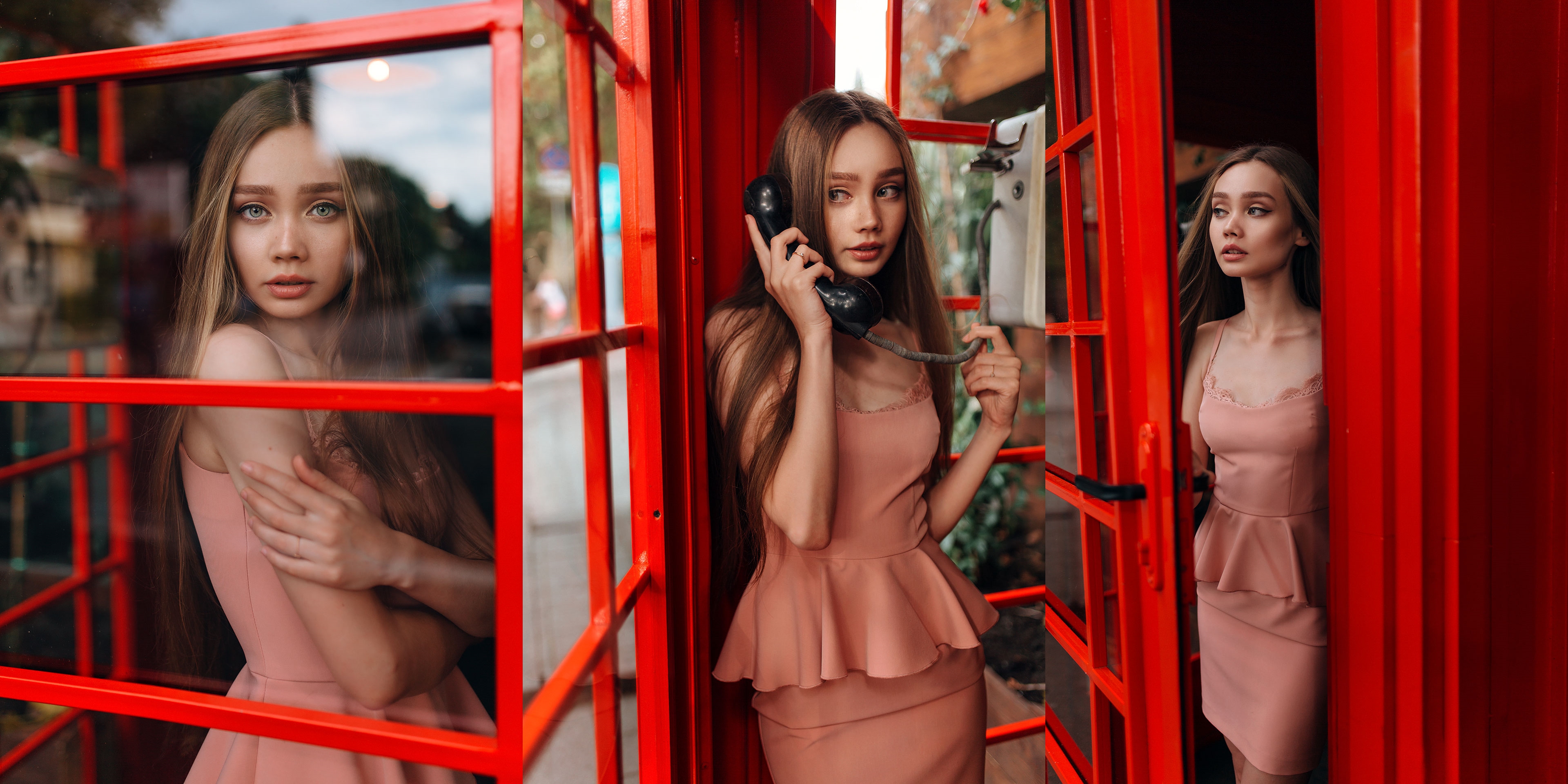 Women Model Looking At Viewer Dress Arms Crossed Long Hair Phone Box Portrait Collage Blonde Glass R 3840x1920