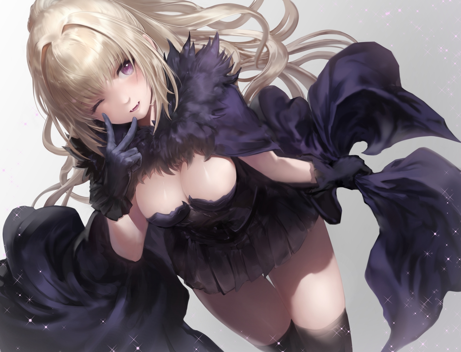 Anime Long Hair Ponytail Purple Eyes Dress Fang Cape Gloves Wink Thigh Highs 1500x1146