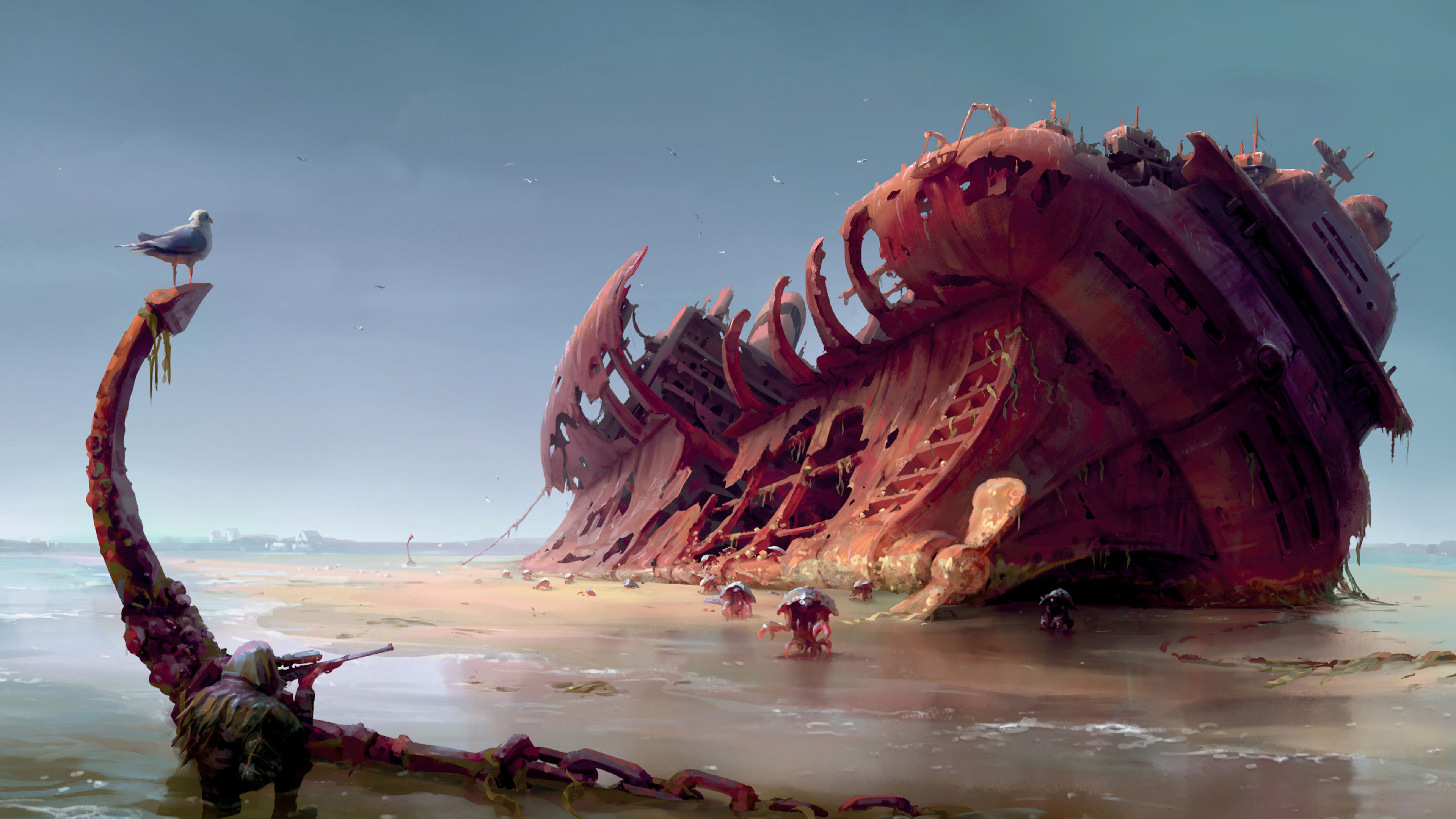 Digital Art Shipwreck Sea Birds Snipers Crabs Chains Gun Concept Art Video Games Fan Art Fallout 3840x2160