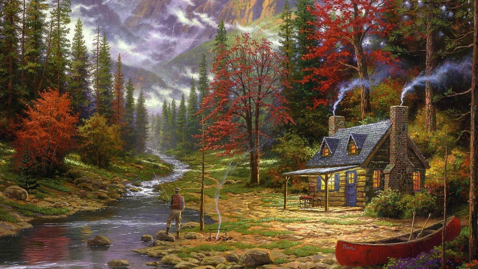 Painting Cottage Canoes River Fishing Forest Chimneys Thomas Kinkade 1920x1080