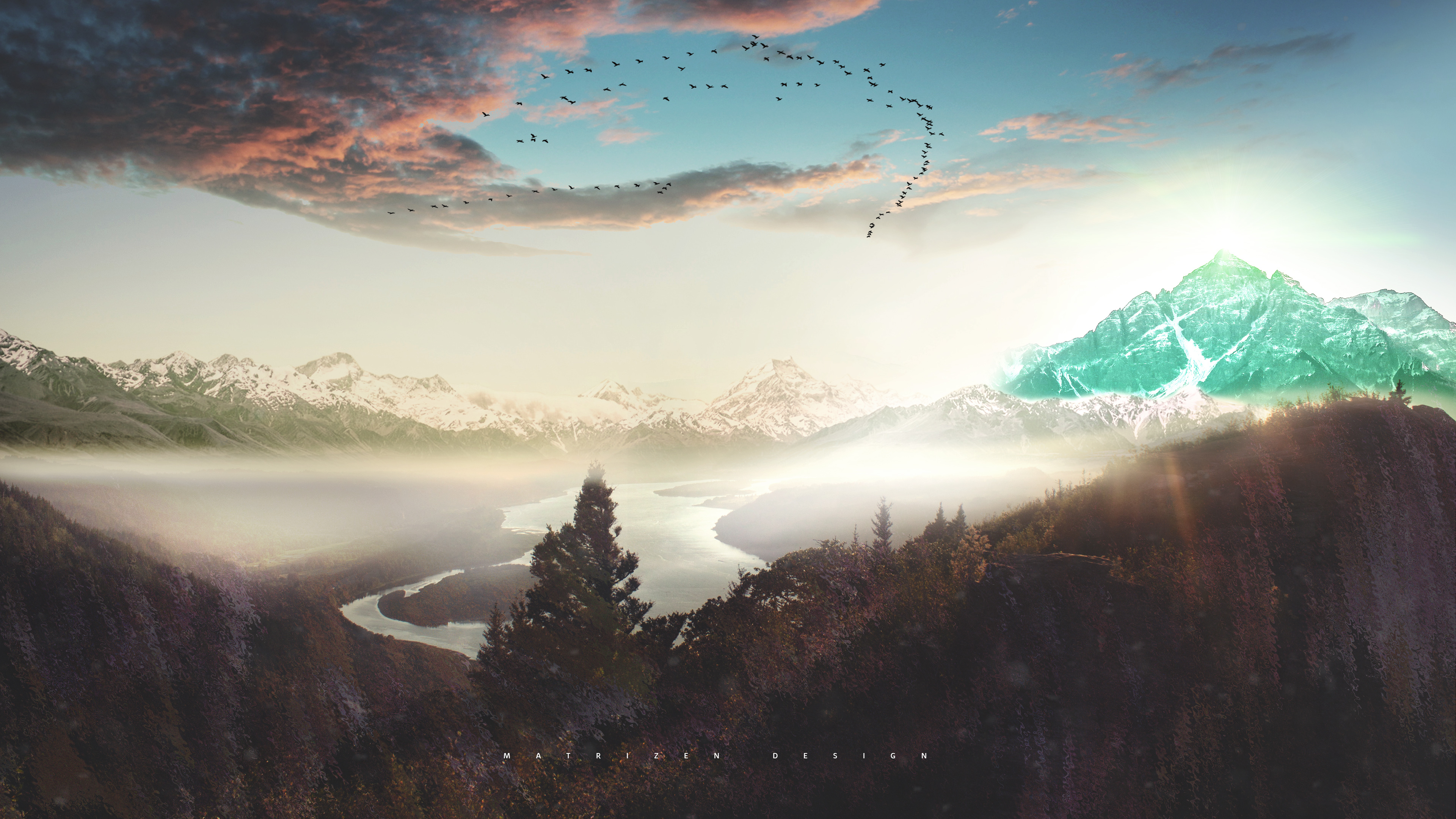 Photo Manipulation Mountains Clouds River Forest Landscape Nature Snow Mist Sunset Photoshop Digital 3840x2160