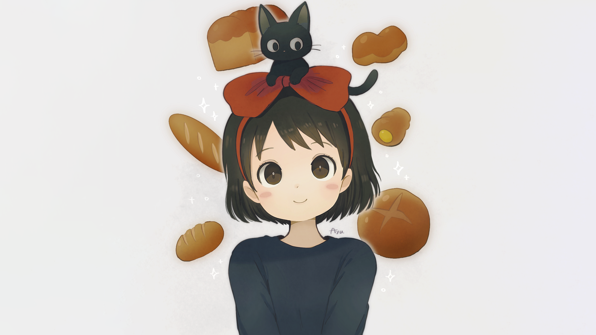 Anime Anime Girls Simple Background Studio Ghibli Jiji Cats Black Cats Smile Bread Short Hair Majo N 1920x1080