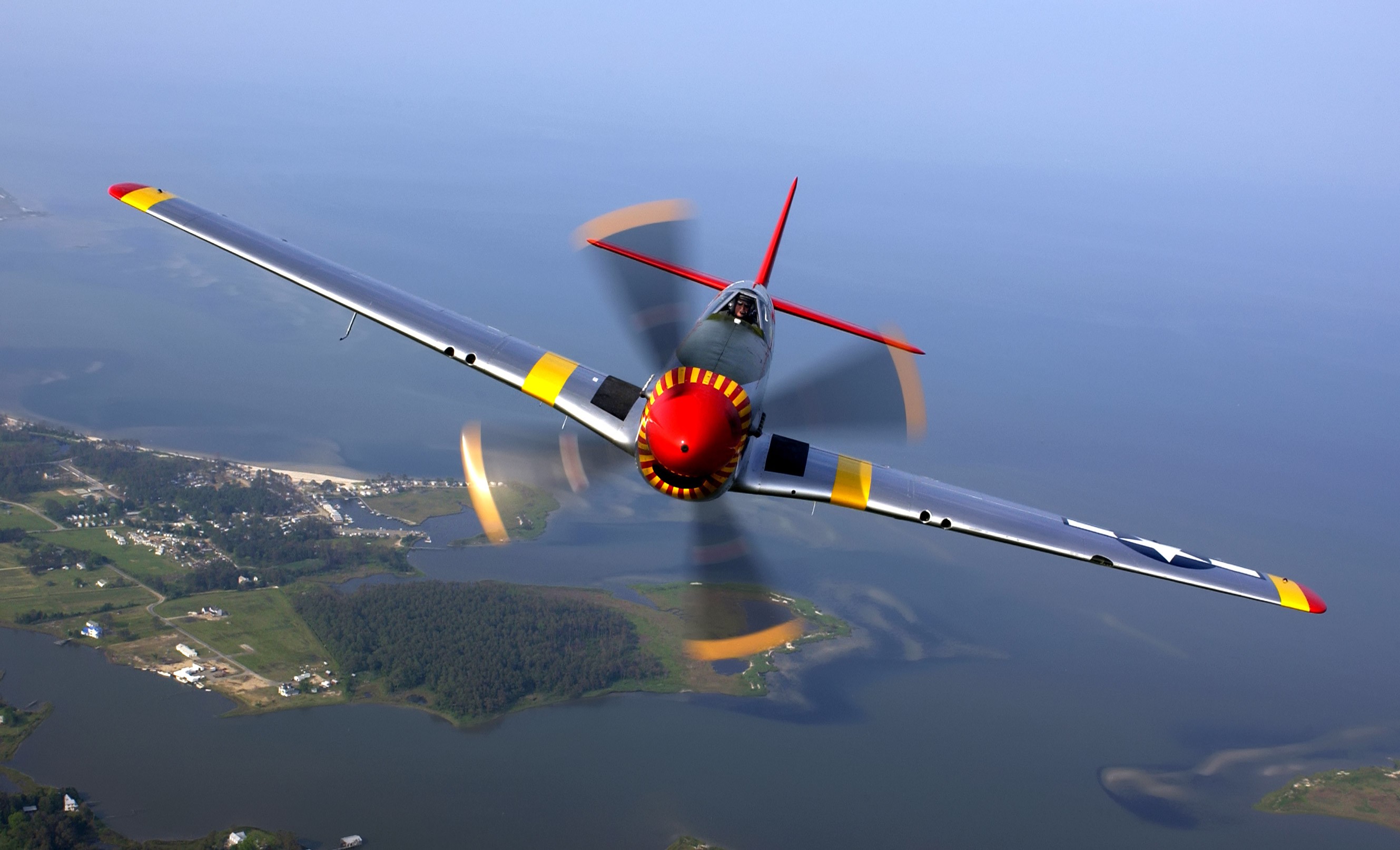 Nature Aerial View Airplane Men Pilot Face Helmet Wings North American P 51 Mustang Flying Propeller 2658x1614