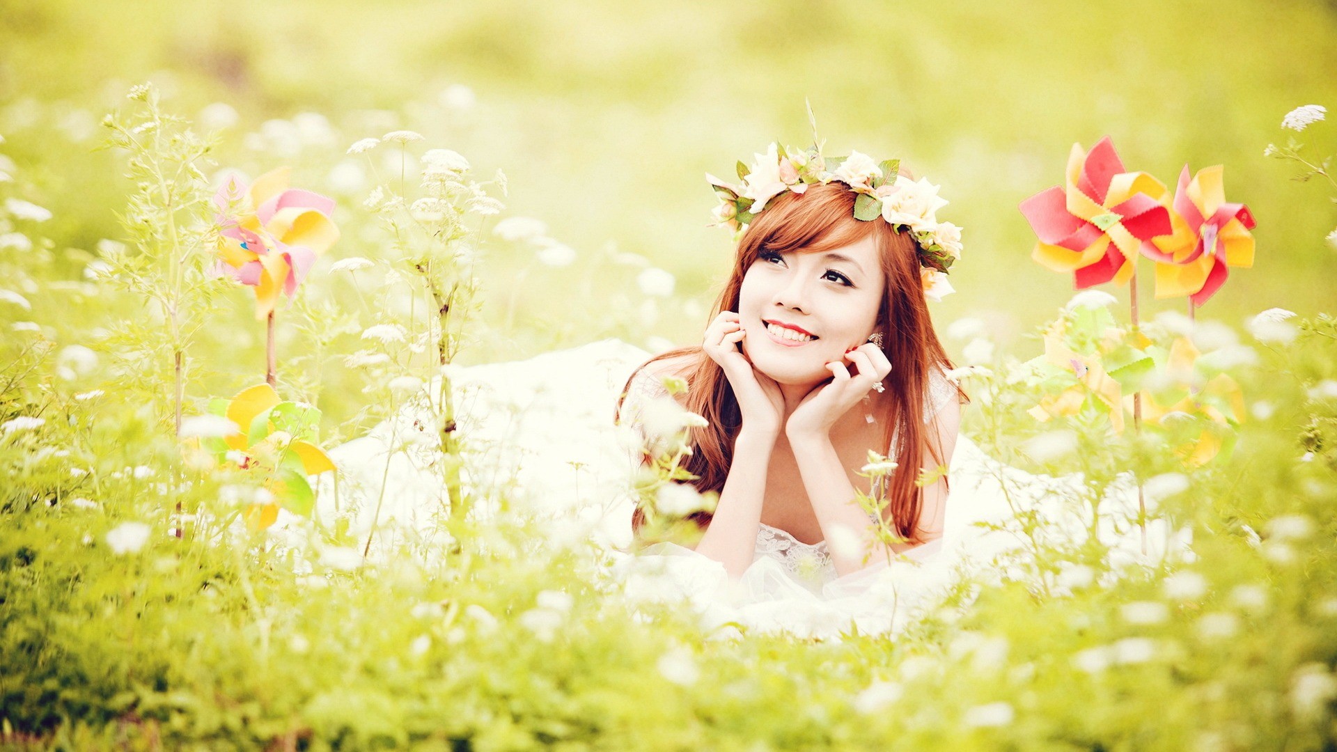 Pinwheel Wreaths Women Outdoors Flowers Asian Smiling Looking Away Redhead Long Hair 1920x1080