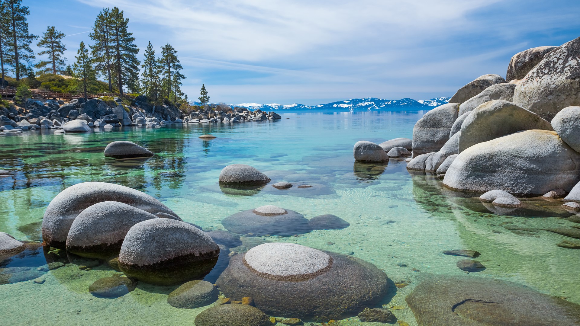 Nature Landscape Lake Trees Rocks Clear Water Water Ripples Mountains Clouds Sky Snowy Mountain Lake 1920x1080