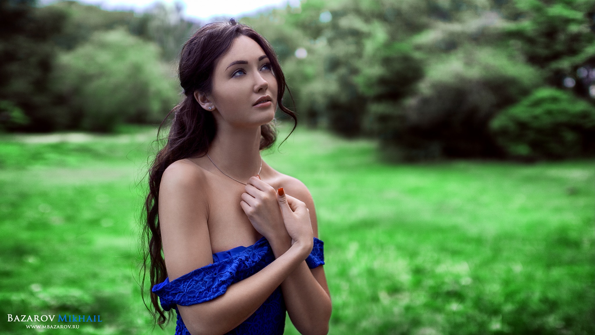 Women Outdoors Bare Shoulders Green Long Hair Blue Dress Mikhail Bazarov Watermarked 2048x1152
