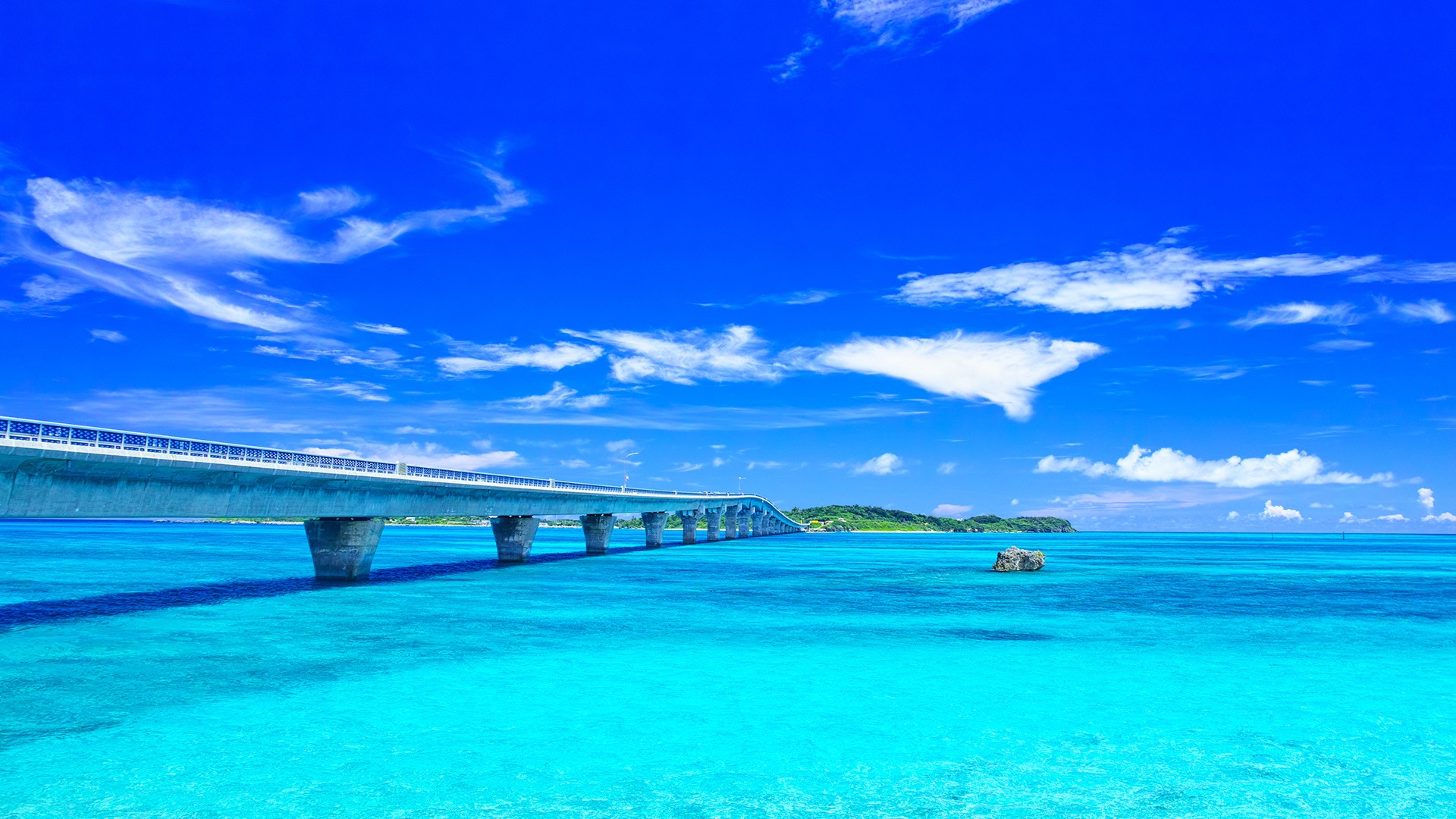 Nature Landscape Bridge Clouds Sky Rock Clear Water Trees Island Miyako Jima Japan Okinawa 1920x1080