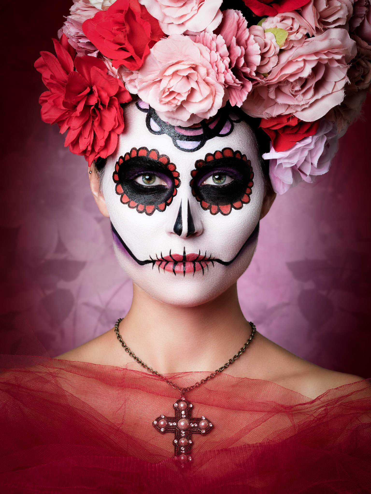 Michael Schnabl Women Dia De Los Muertos Flowers Flower In Hair Red Pink Face Paint Jewelry Necklace 1536x2048