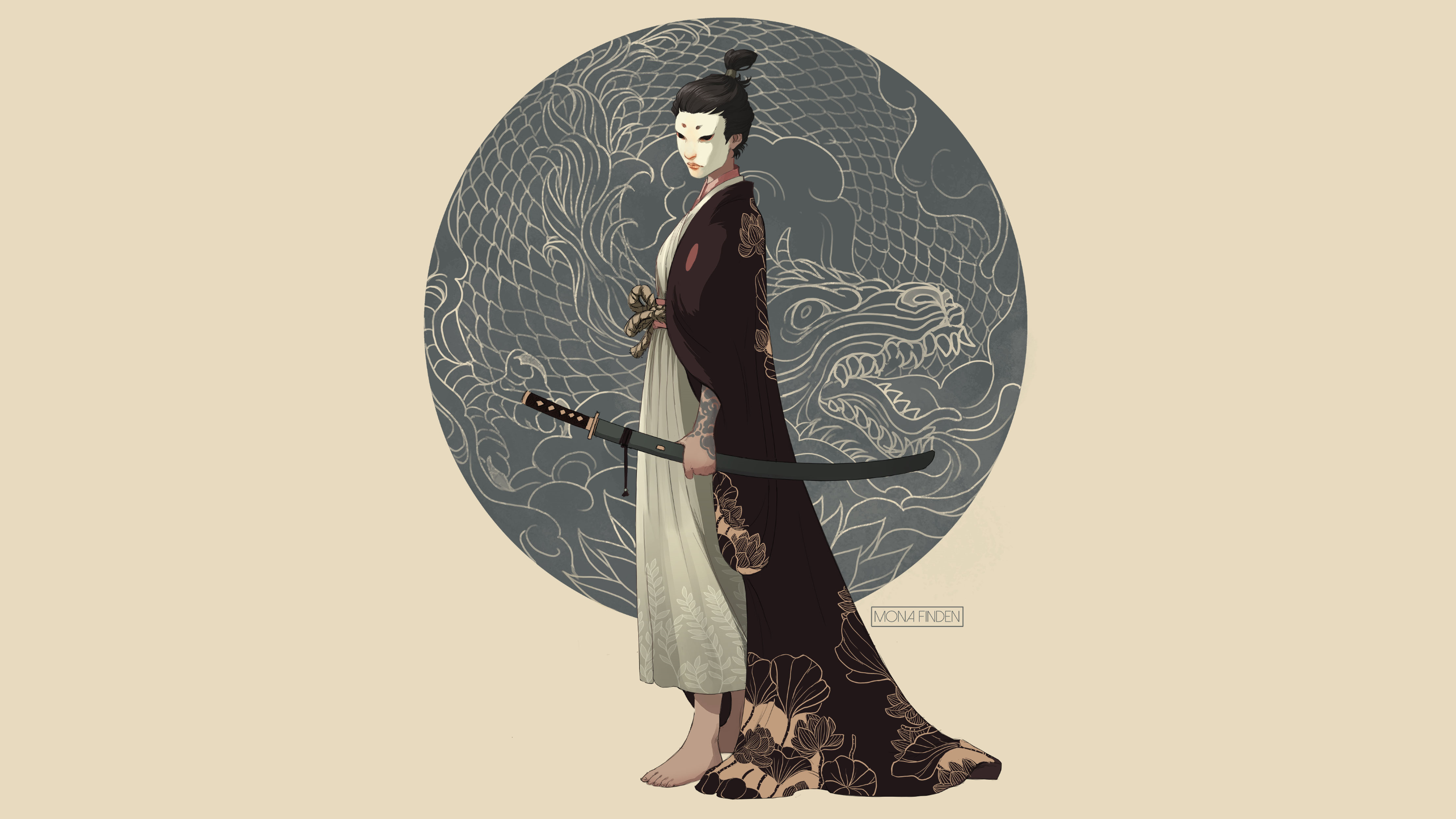 Samurai Kimono Katana Weapon Barefoot Fantasy Art Dragon Japan Original Characters Artwork Digital A 3333x1875
