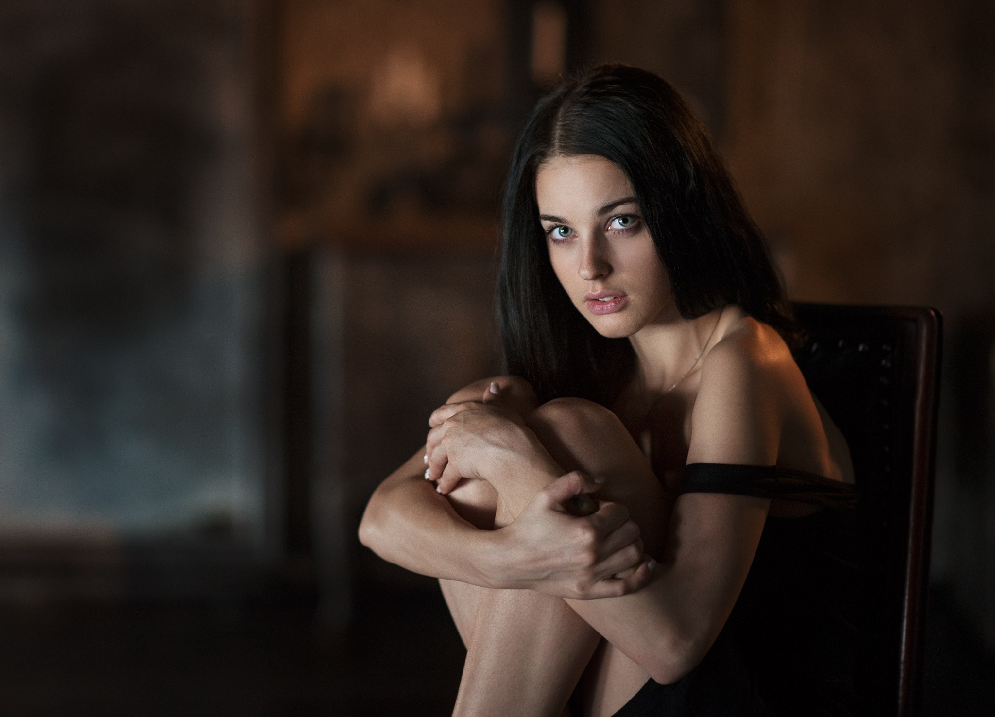 Alla Berger Women Model Portrait Black Hair Maxim Maksimov Maxim Maximov Sitting Bare Shoulders 2048x1476