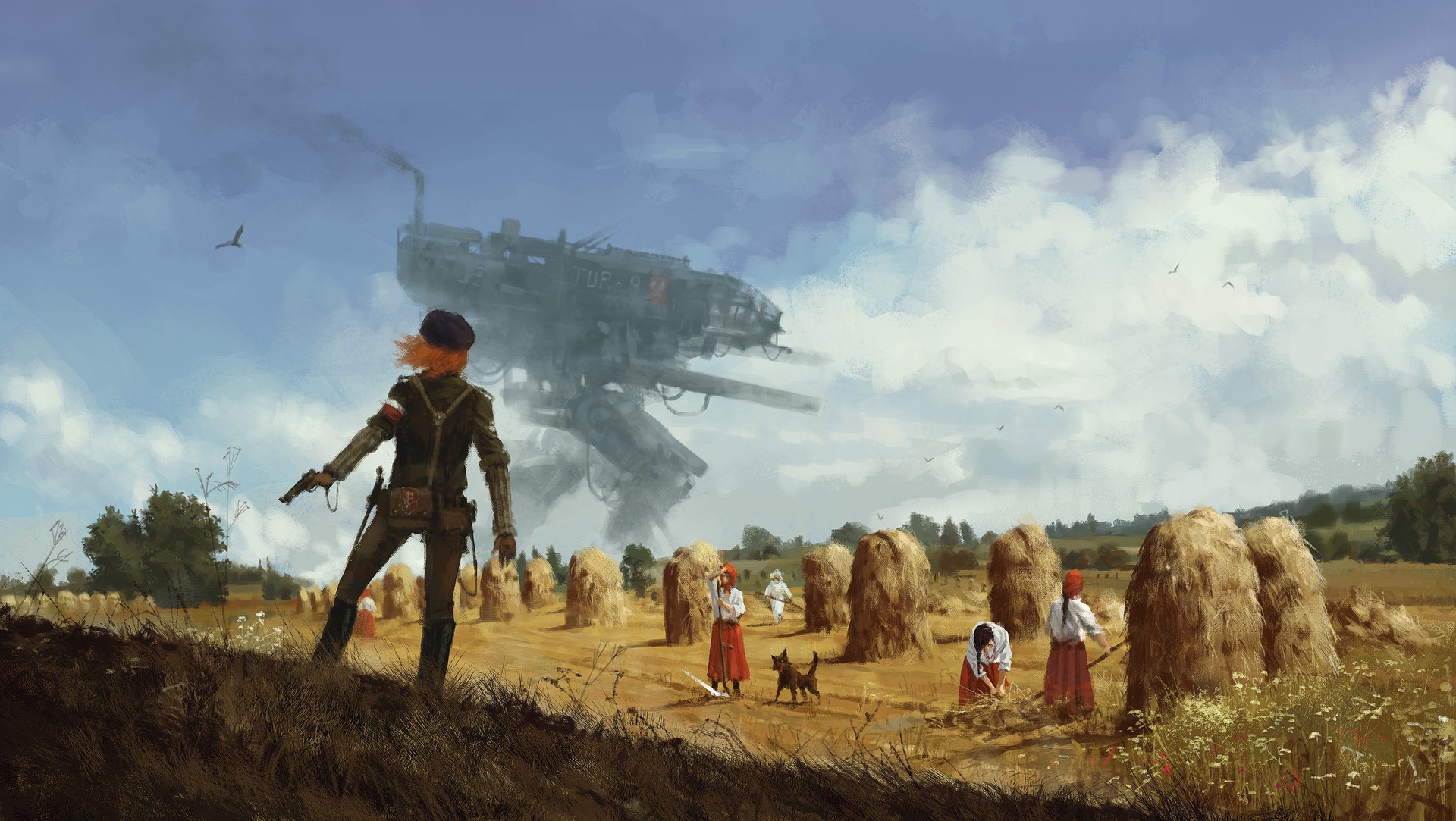 Vintage Science Fiction Field Work Futuristic Women Sky Machine Iron Harvest 1920x1083