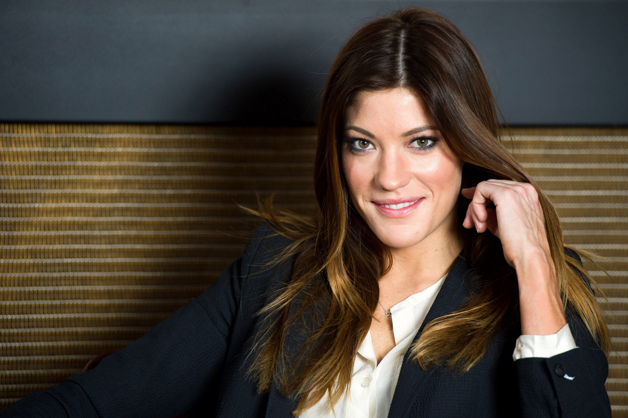 Jennifer Carpenter Actress Brunette Green Eyes Pink Lipstick Smiling Black Jackets 2048x1365