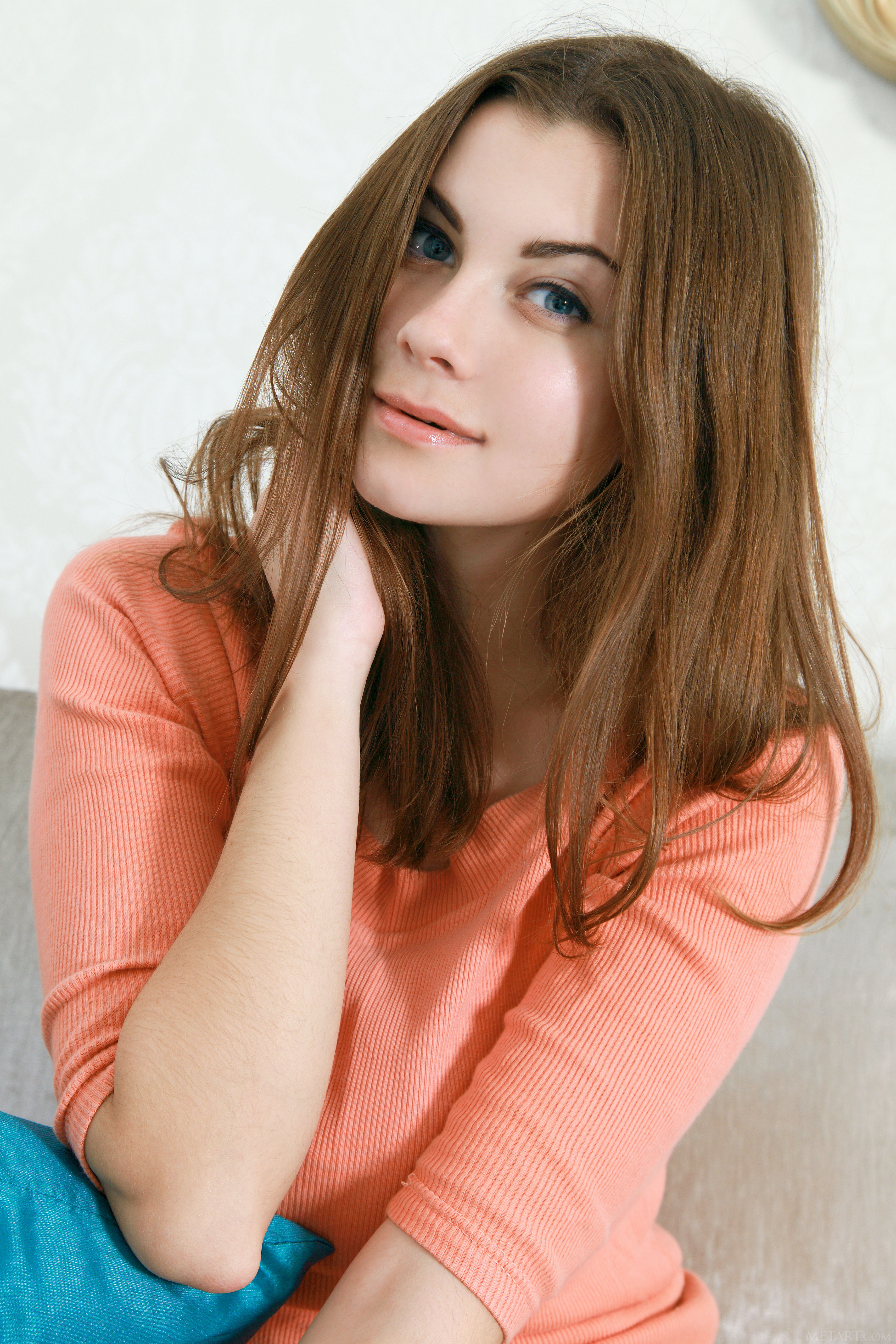 Women Portrait Orange Shirts Face Long Hair 3744x5616