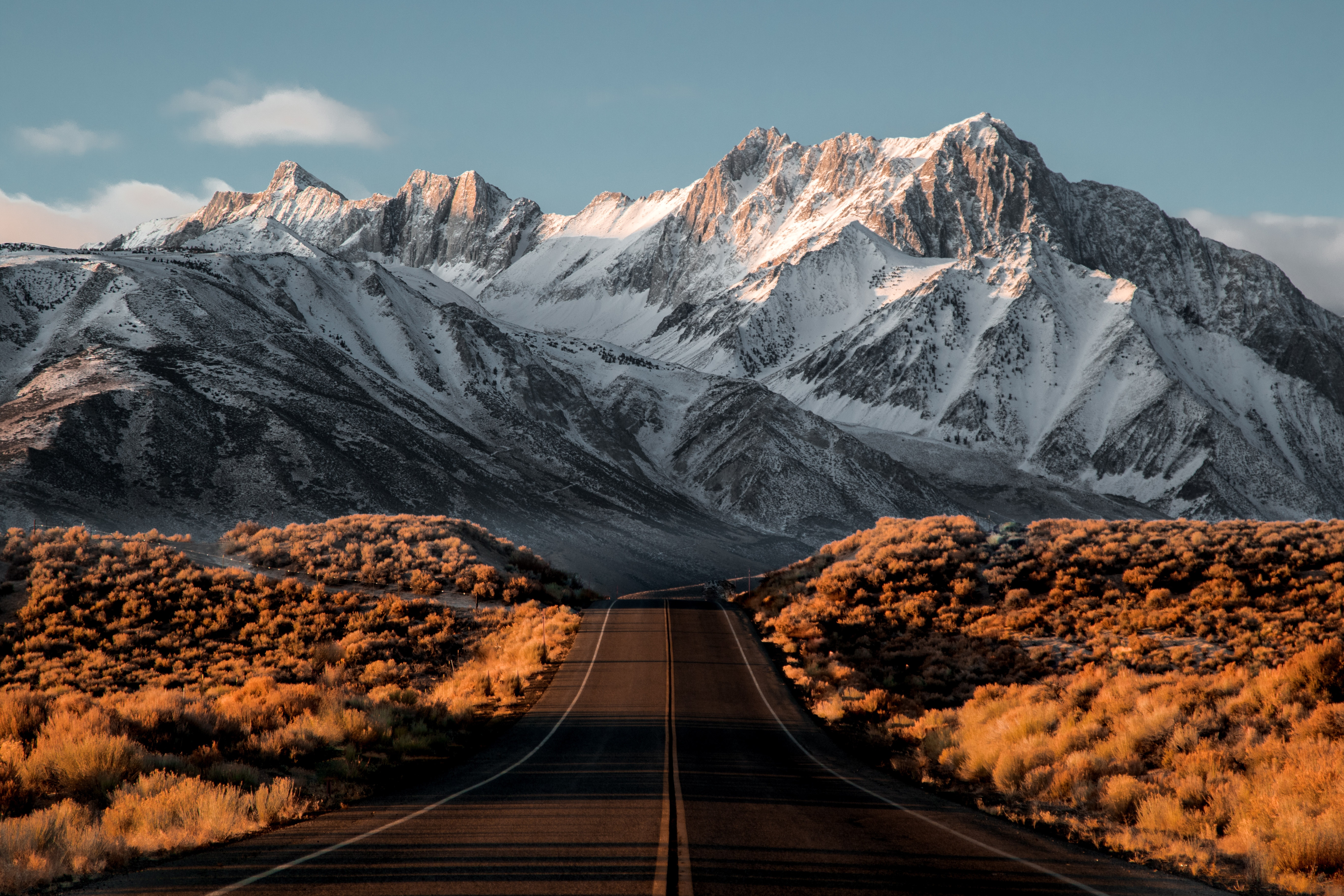 Nature Water Snow Mountains Road Landscape Snowy Peak Shrubs Asphalt Sunlight Sierra Nevada Californ 5472x3648