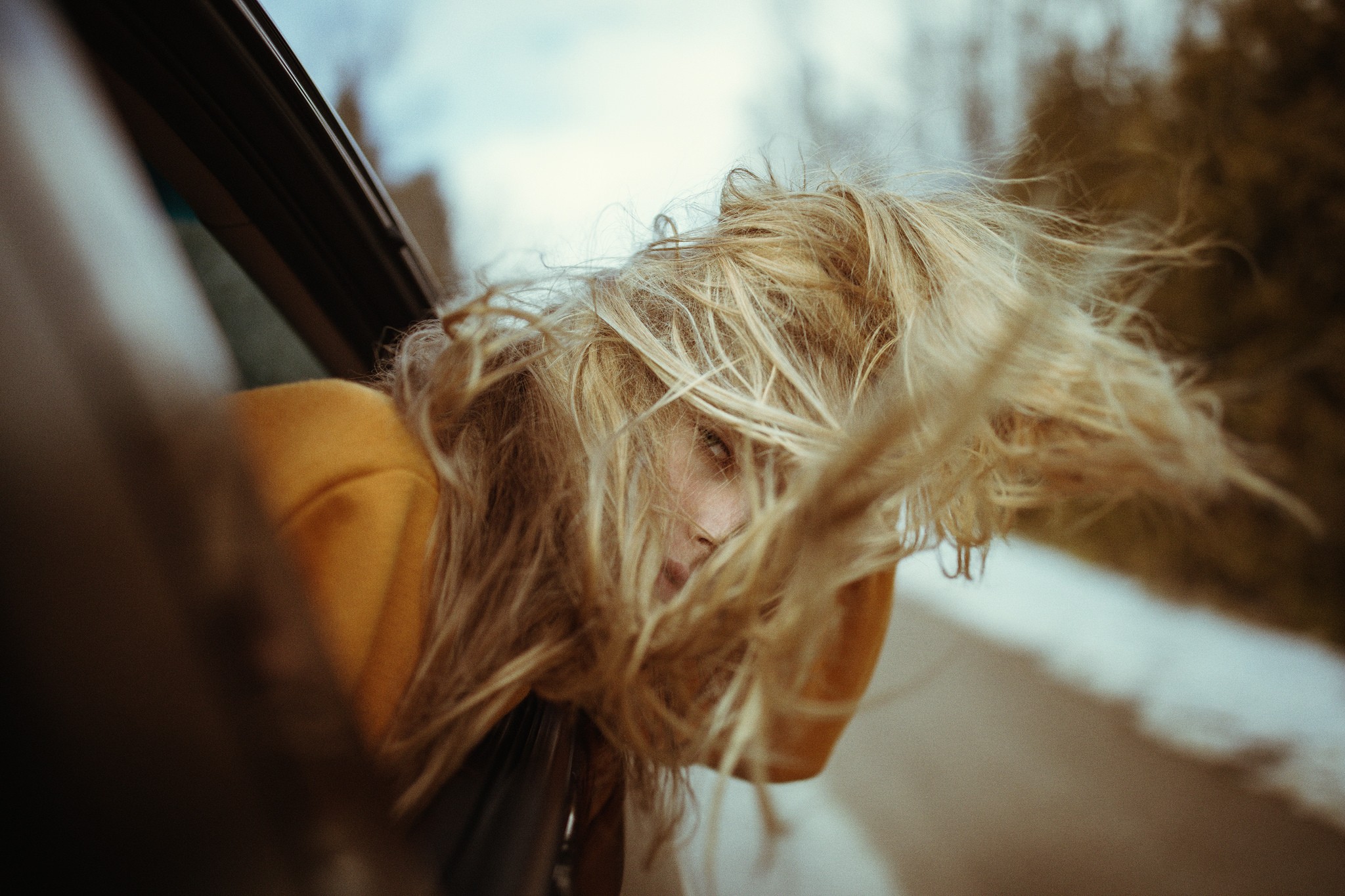Women Model Blonde Windy Hair In Face Window Looking Out Window Looking At Viewer Marta Piekarz Jess 2048x1365