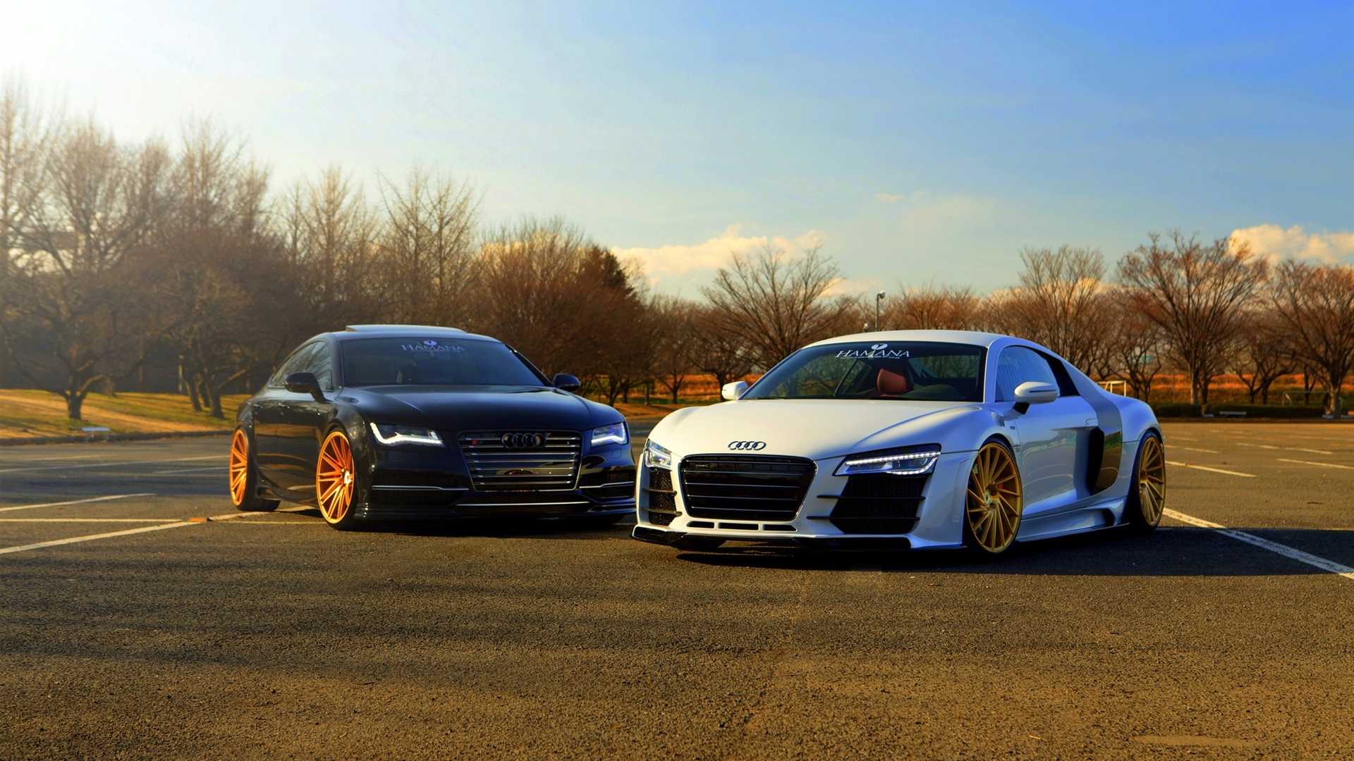 Audi Car Vehicle Asphalt Nature Sky Clouds Trees Sunlight Daylight Audi R8 Type 42 Colored Wheels Au 1920x1080