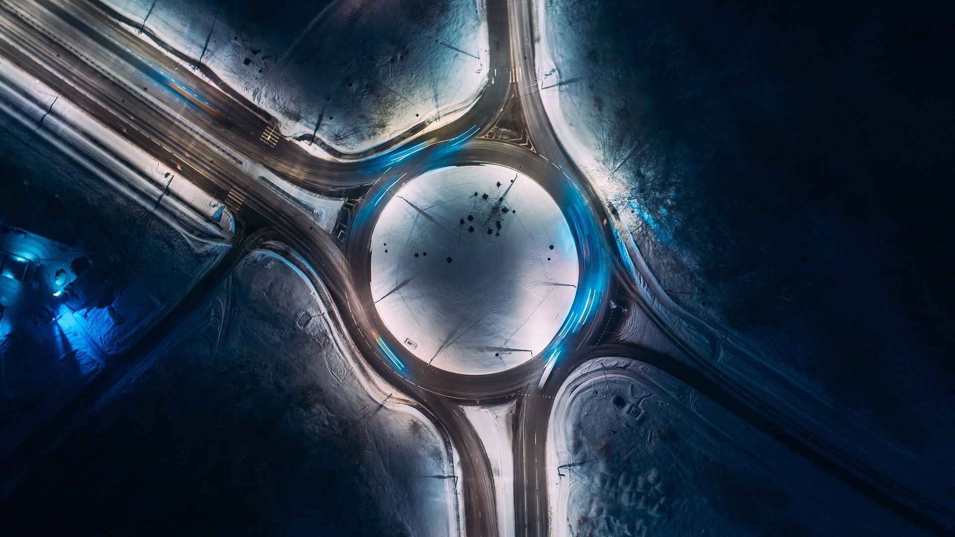 Night Blue Light Snow Long Exposure Road Birds Eye View Roundabouts Winter Light Trails Dark Trees D 1920x1079