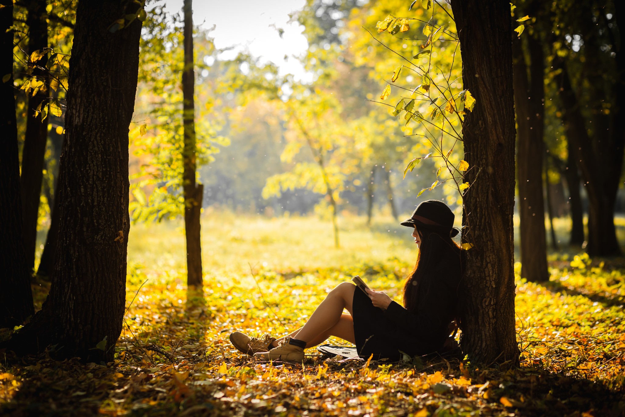 Women Model Brunette Long Hair Women Outdoors Sitting Black Dress Hat Reading Books Nature Trees For 2048x1365