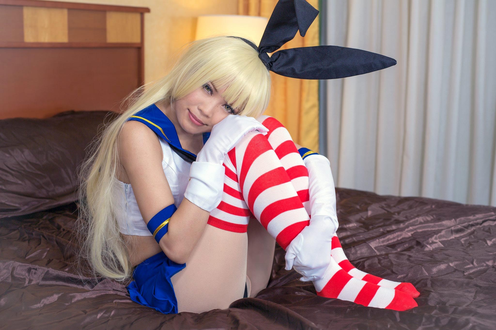 Cosplay Shimakaze Kancolle Women Blonde Bunny Ears Striped Stockings Thigh Highs In Bed 2048x1365