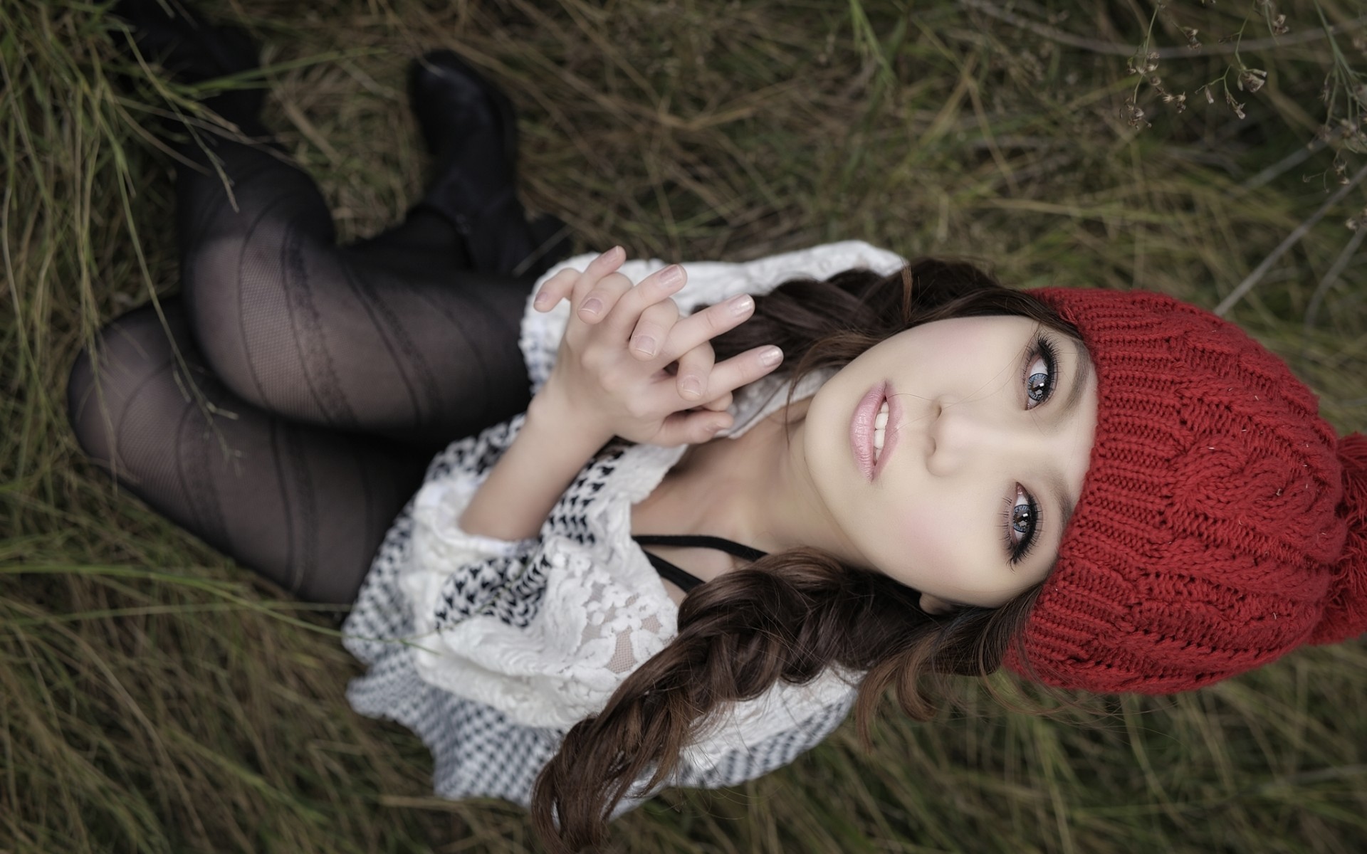 Woolen Blue Eyes Brunette Open Mouth Tights White Clothing Eyeliner Sitting Grass Folded Hands Asian 1920x1200