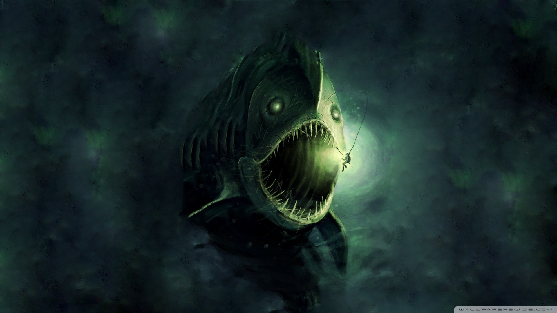 Fantasy Art Digital Art Underwater Fish Fangs Anglerfish Lights Divers Harpoons Open Mouth Sea Monst 1920x1080