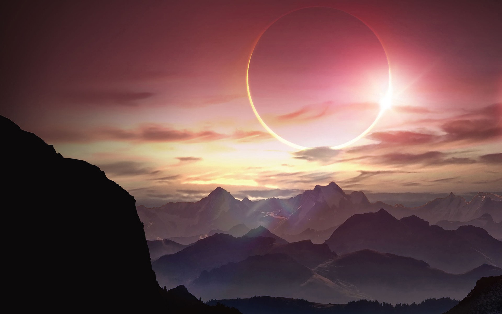 Eclipse Solar Eclipse Artwork Fantasy Art Mountains Landscape Sun 1920x1200