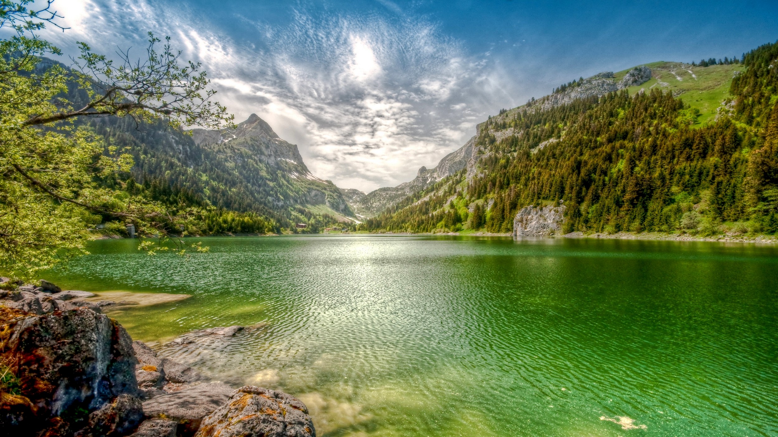 Nature Landscape Lake Mountains Forest Clouds Summer Emerald Water Switzerland 2500x1405