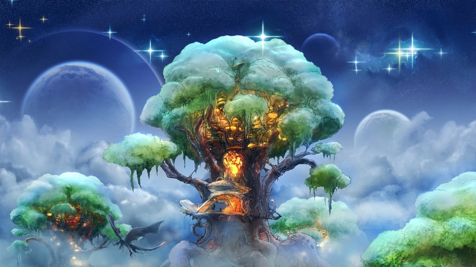 Fantasy Art Sky Treehouse Trees Space Dragon 1920x1080