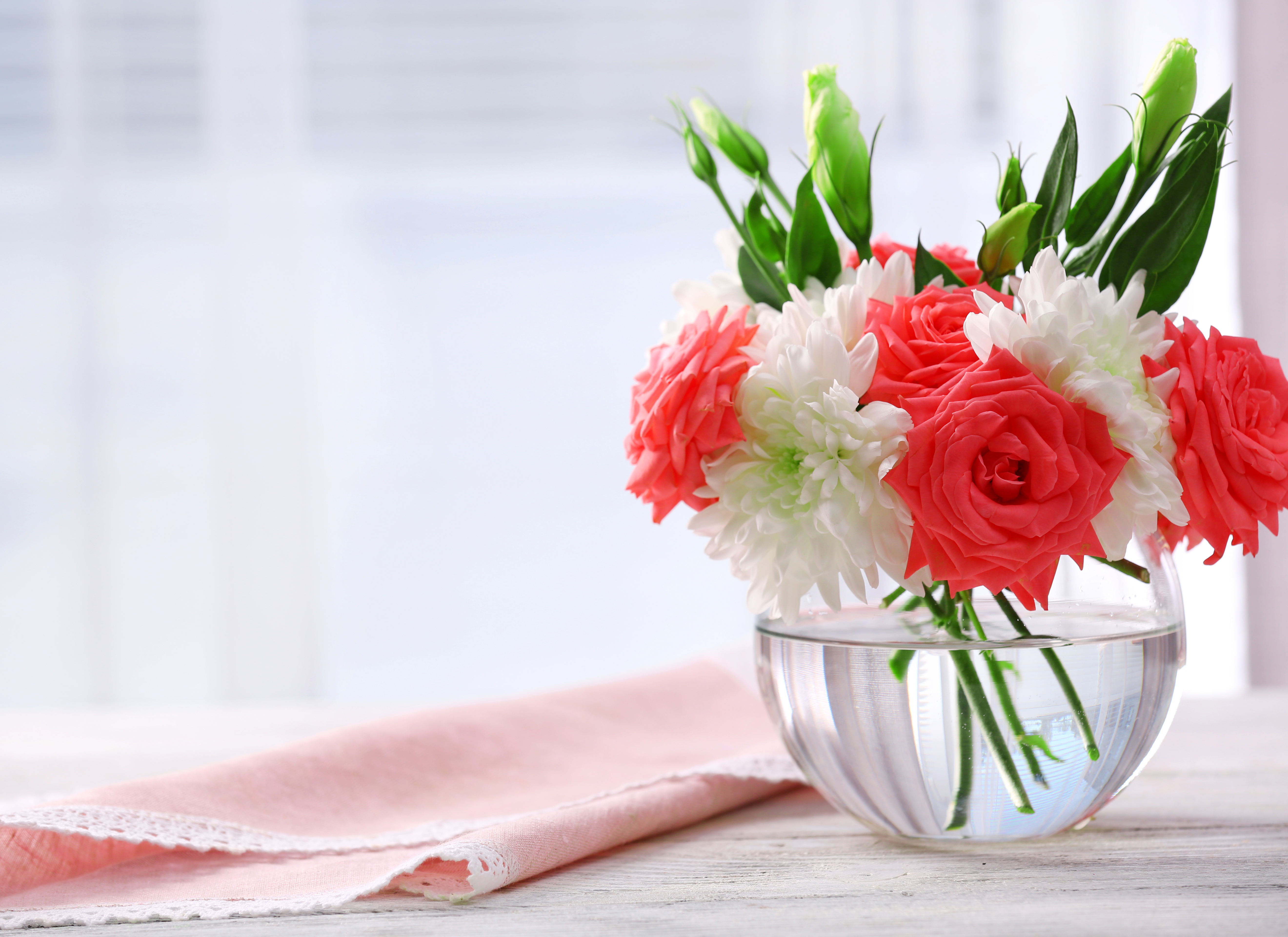 Flower Rose Vase Handkerchief Still Life White Flower Red Flower Eustoma 5280x3840