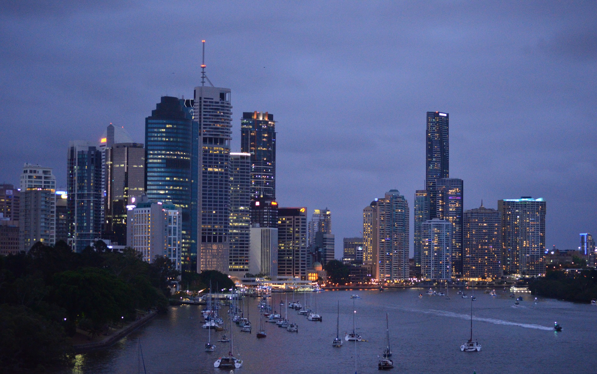 River Brisbane Dusk City Boat Sailboat Building Dock Queensland Light 1920x1204