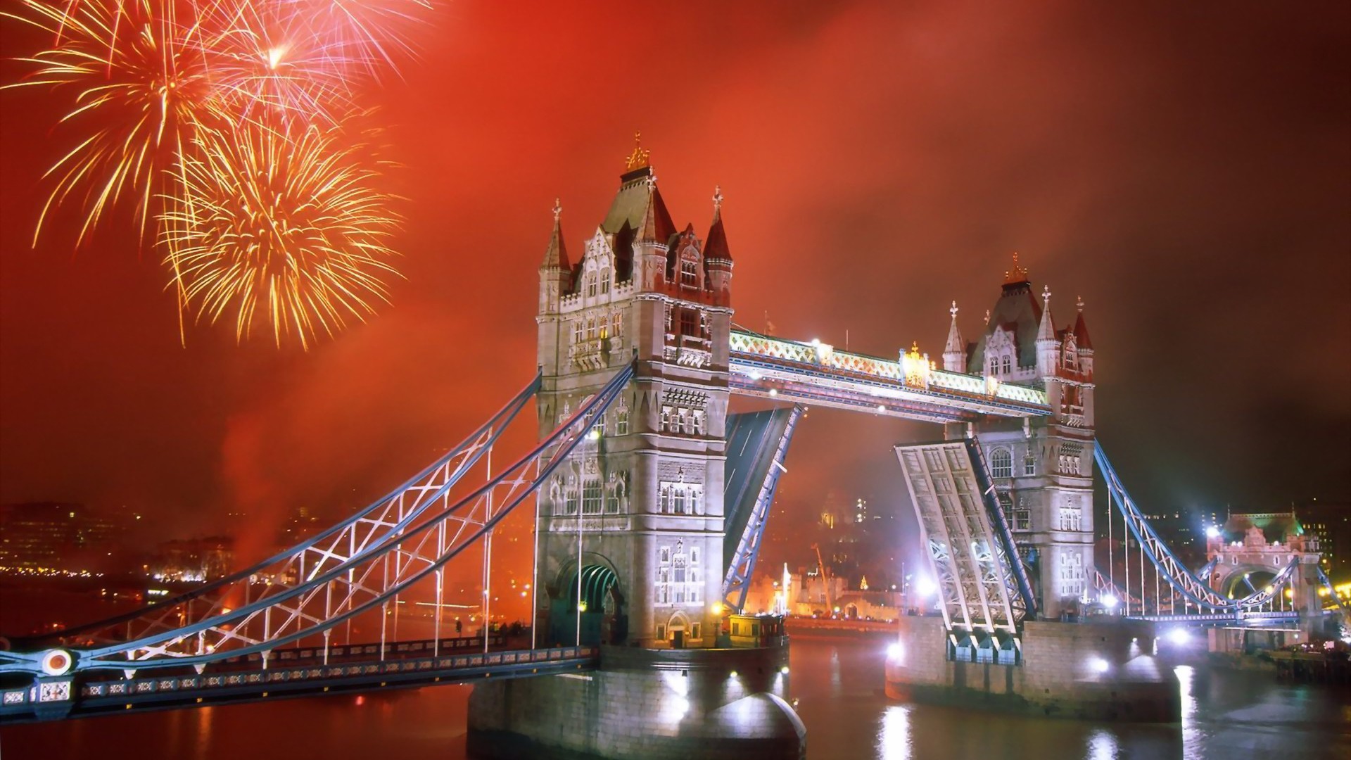 City Cityscape Bridge Night New Year London Fireworks River Thames 1920x1080