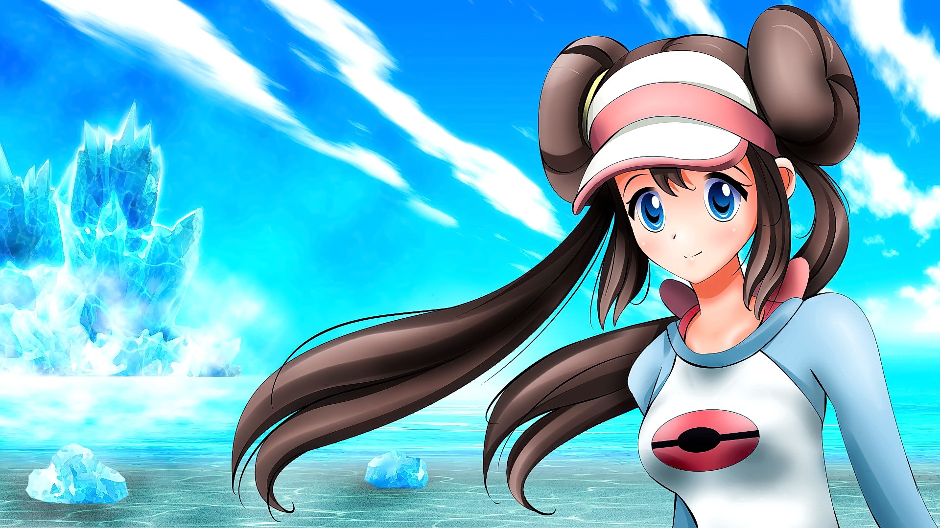 Anime Anime Girls Long Hair Brunette Blue Eyes Sky Clouds Smiling Looking At Viewer Pokemon Trainers 1920x1080
