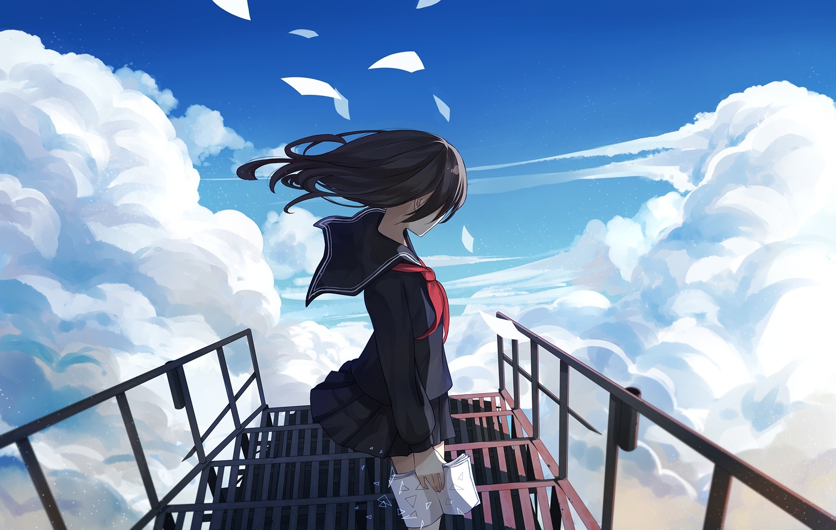 Heights Sky Anime Anime Girls Black Hair School Uniform Clouds 1722x1092