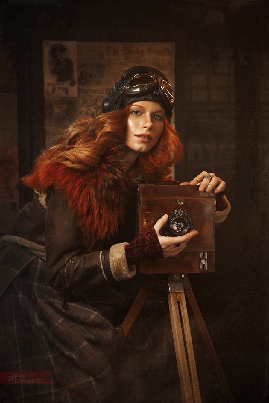 Women Outdoors Redhead Model Portrait Display Steampunk Camera Vintage Goggles Erik Burkhanaev Tripo 899x1348