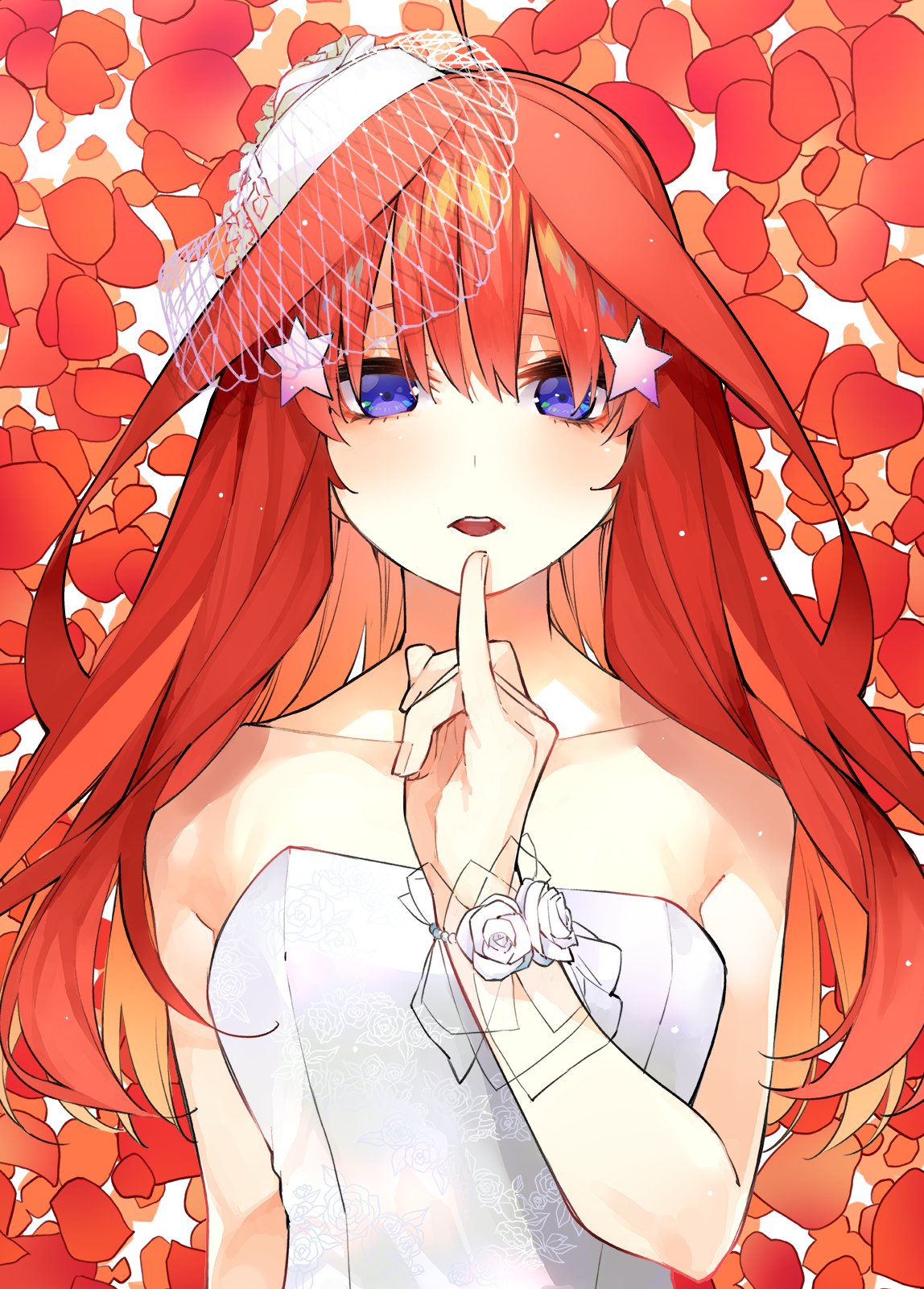 5 Toubun No Hanayome Anime Girls Long Hair Wedding Dress Redhead Open Mouth Blue Eyes Flower Petals  1148x1601