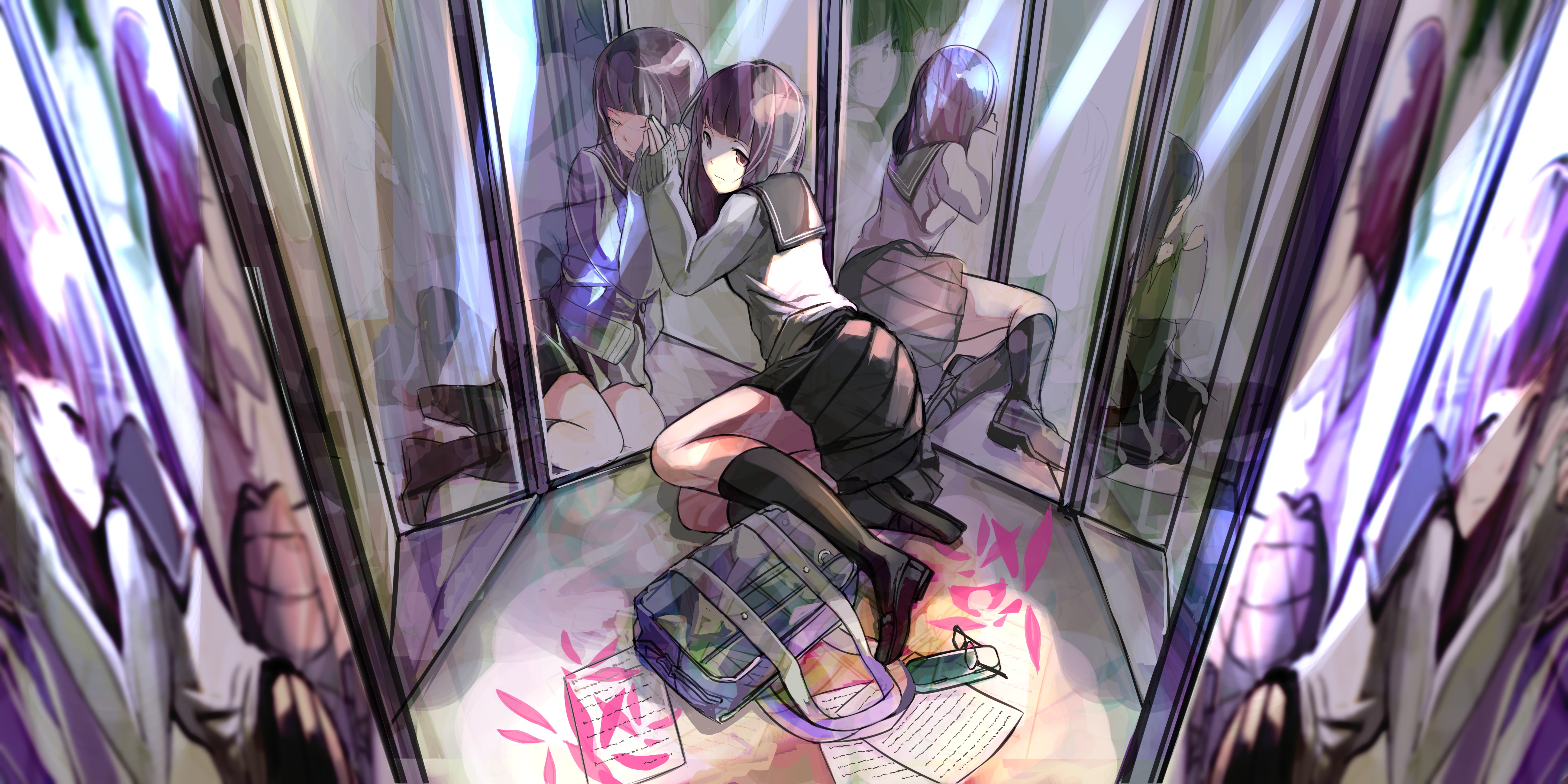 Anime Anime Girls Skirt School Uniform Schoolgirl Schoolbags Mirror Knee Highs 5787x2894