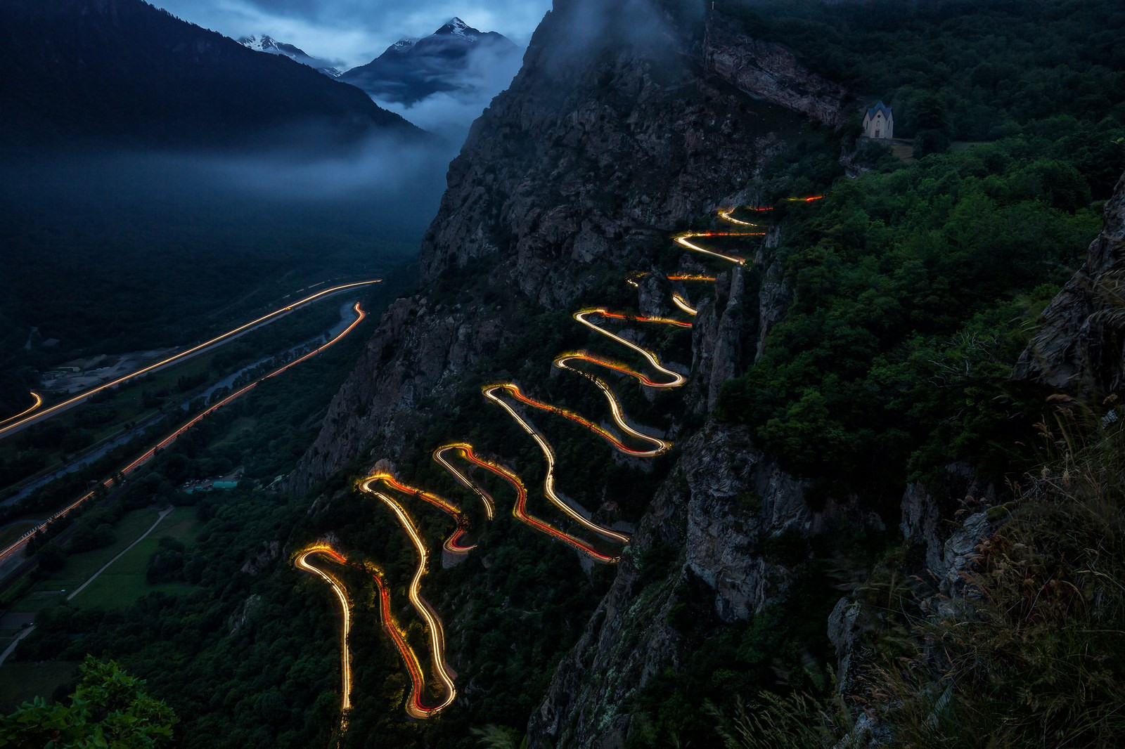 Landscape Lights Car Long Exposure Mountains Clouds Mist Rocks Valley Road Trees Evening Hairpin Tur 1600x1066